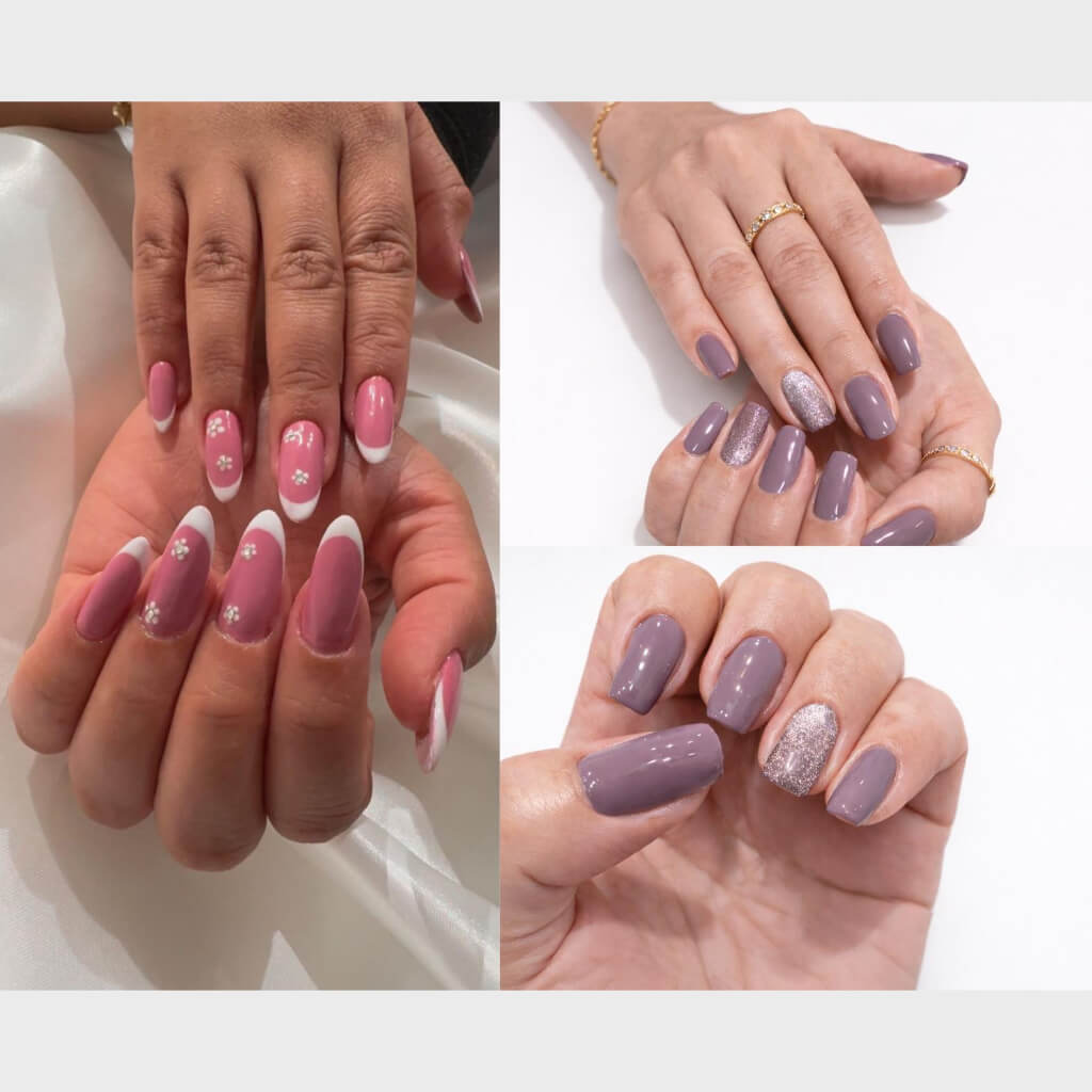 Unhas decoradas em tons de lilás e rosa com brilho